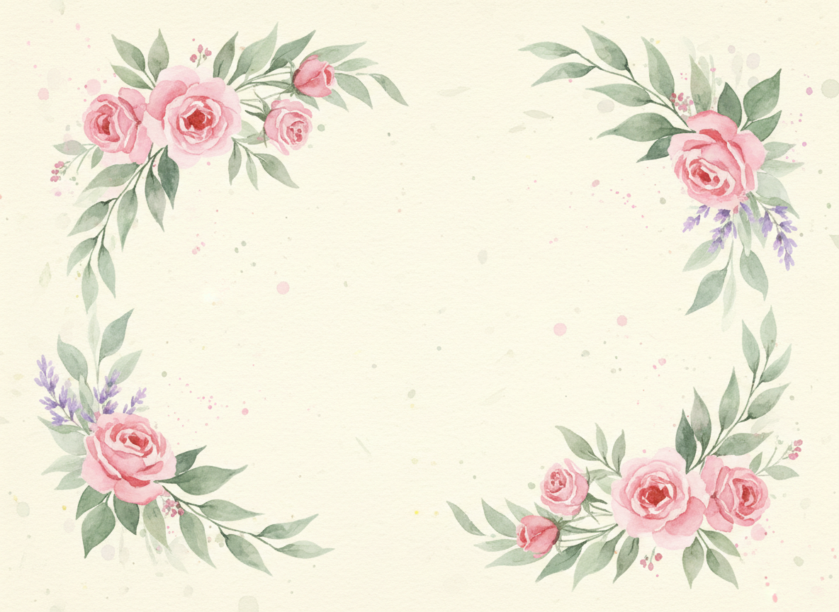 Soft watercolor botanical illustration with blush roses, sage leaves, and lavender